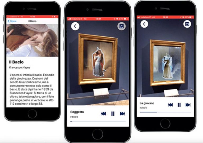 immagine di una sequenza in cui lo smartphone riprende un quadro, evidenzia con contorno una figura e ne legge la descrizione.
